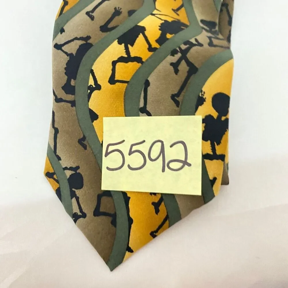 #5592 Grateful Dead Mustard Yellow and Olive Green Skeletal Necktie, Tie 55X4